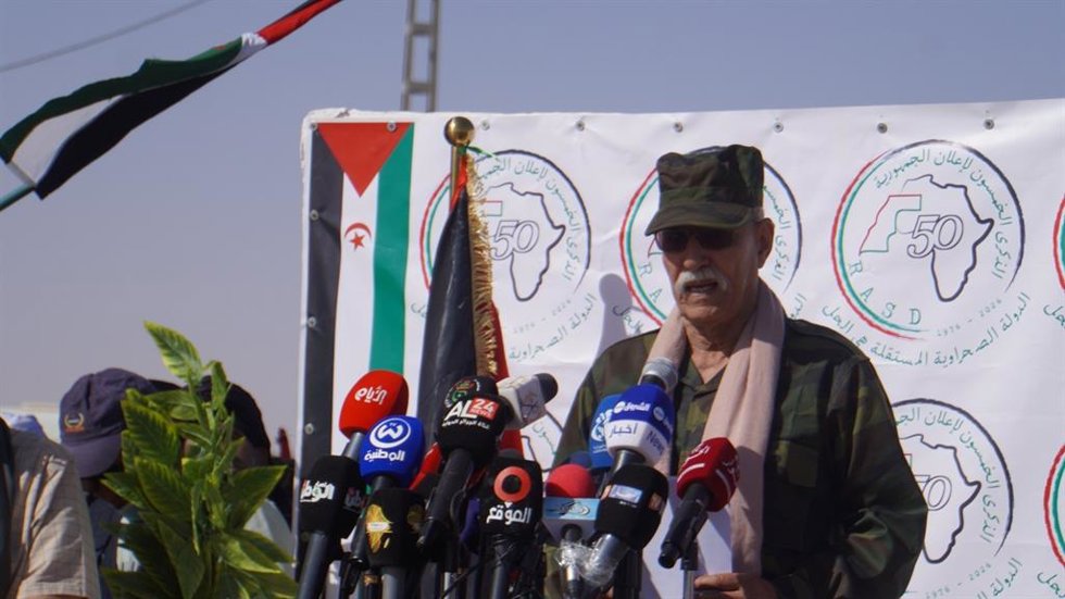 El líder del Frente Polisario, Brahim Ghali, durante el 50 aniversario de la proclamación de la República Árabe Saharaui Democrática (RASD) en los campos de refugiados de Tinduf (Argelia)