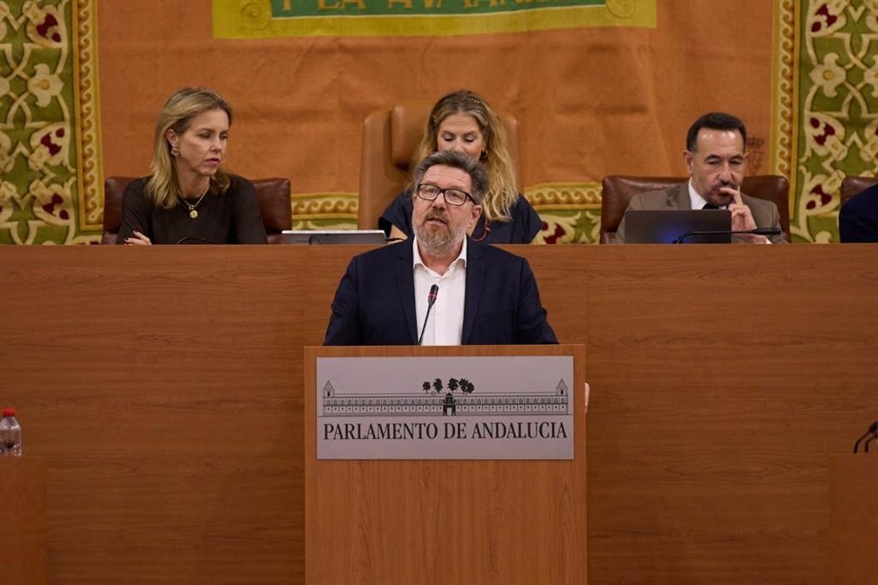 El secretario de Transición Ecológica Justa y Cambio Climático del PSOE-A, Rodrigo Sánchez Haro, interviene en el Pleno del Parlamento andaluz. (Foto de archivo).