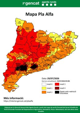 Mapa del risc d'incendi forestal a Catalunya aquest dimecres