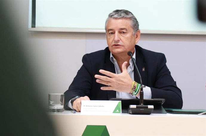 El vicepresidente primero de la Junta y consejero de Presidencia, Sanidad y Emergencias, Antonio Sanz, interviene tras firmar un acuerdo el Sindicato Médico Andaluz (SMA).