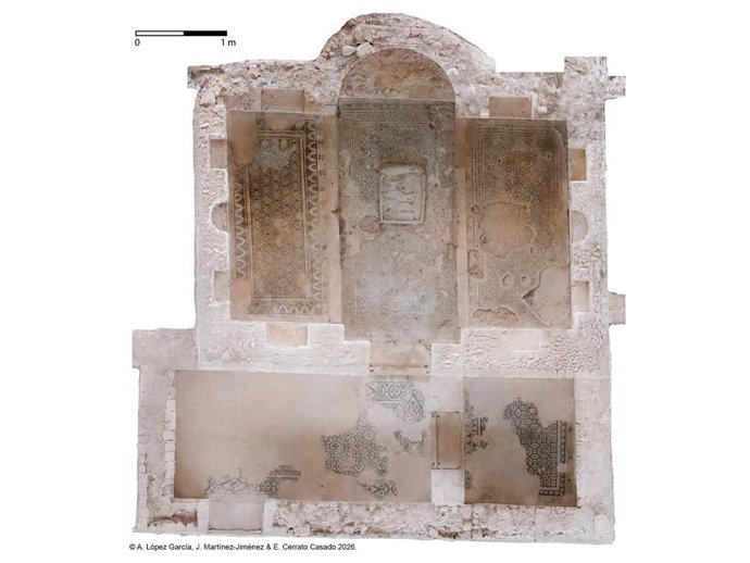 Modelo fotogramétrico de la biblioteca de Fuente Álamo (Puente Genil) en donde pueden apreciarse el ábside, los nichos rectangulares y semicirculares, así como las antesalas contiguas.