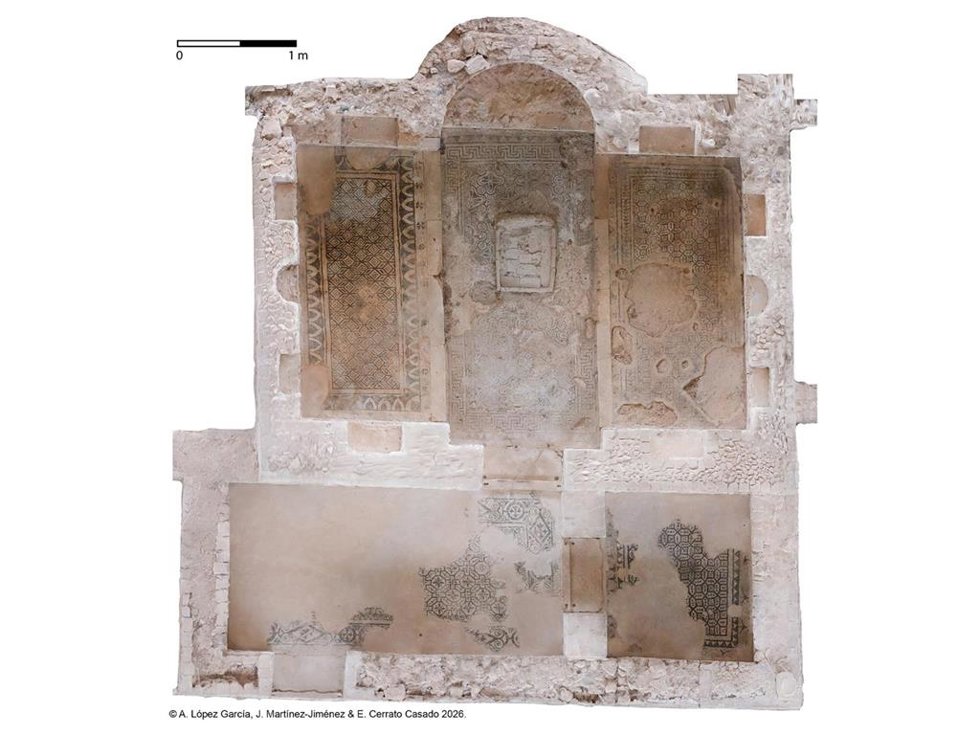 Modelo fotogramétrico de la biblioteca de Fuente Álamo (Puente Genil) en donde pueden apreciarse el ábside, los nichos rectangulares y semicirculares, así como las antesalas contiguas.