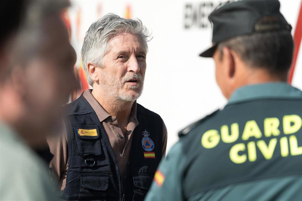 El ministro del Interior, Fernando Grande-Marlaska, durante una visita al Puesto de Mando Avanzado (PMA) por los incendios forestales de Madrid, a 29 de julio de 2026, en Navalcarnero, Madrid (España).