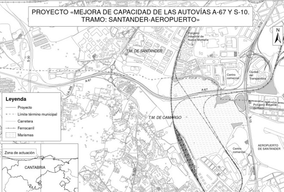 Plano del proyecto de mejora de la capacidad en la A-67 y S-10 en el tramo Santander-aeropuerto