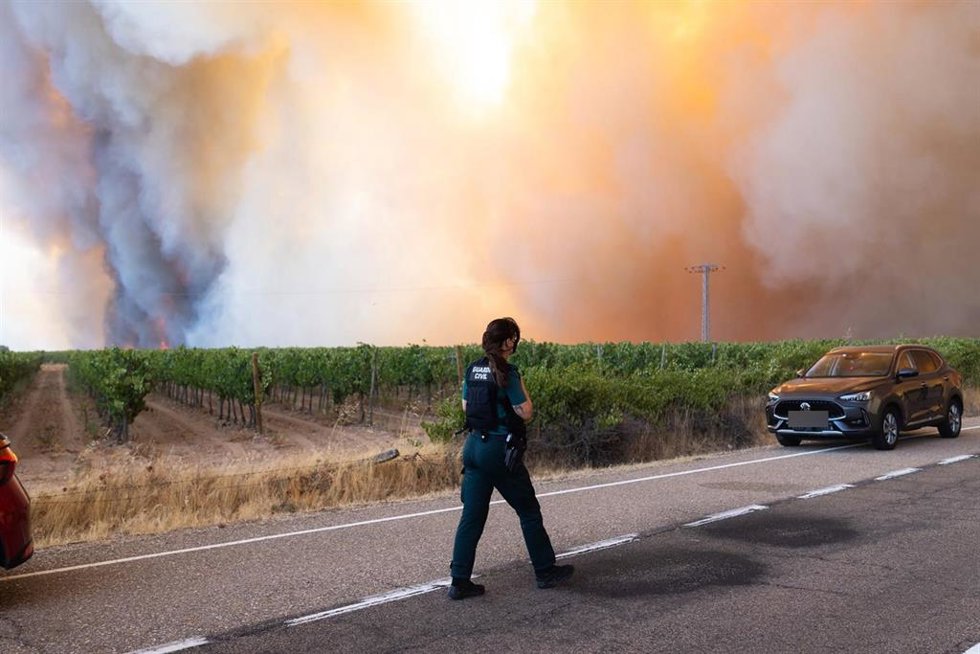 Llamas y humo procedentes de un incendio forestal en Fermoselle.