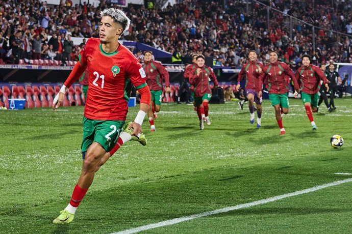 Archivo - SANTIAGO, Oct. 20, 2025  -- Yassir Zabiri of Morocco celebrates his goal during the final match between Argentina and Morocco at the FIFA U-20 World Cup Chile 2025 in Santiago, Chile, Oct. 19, 2025.