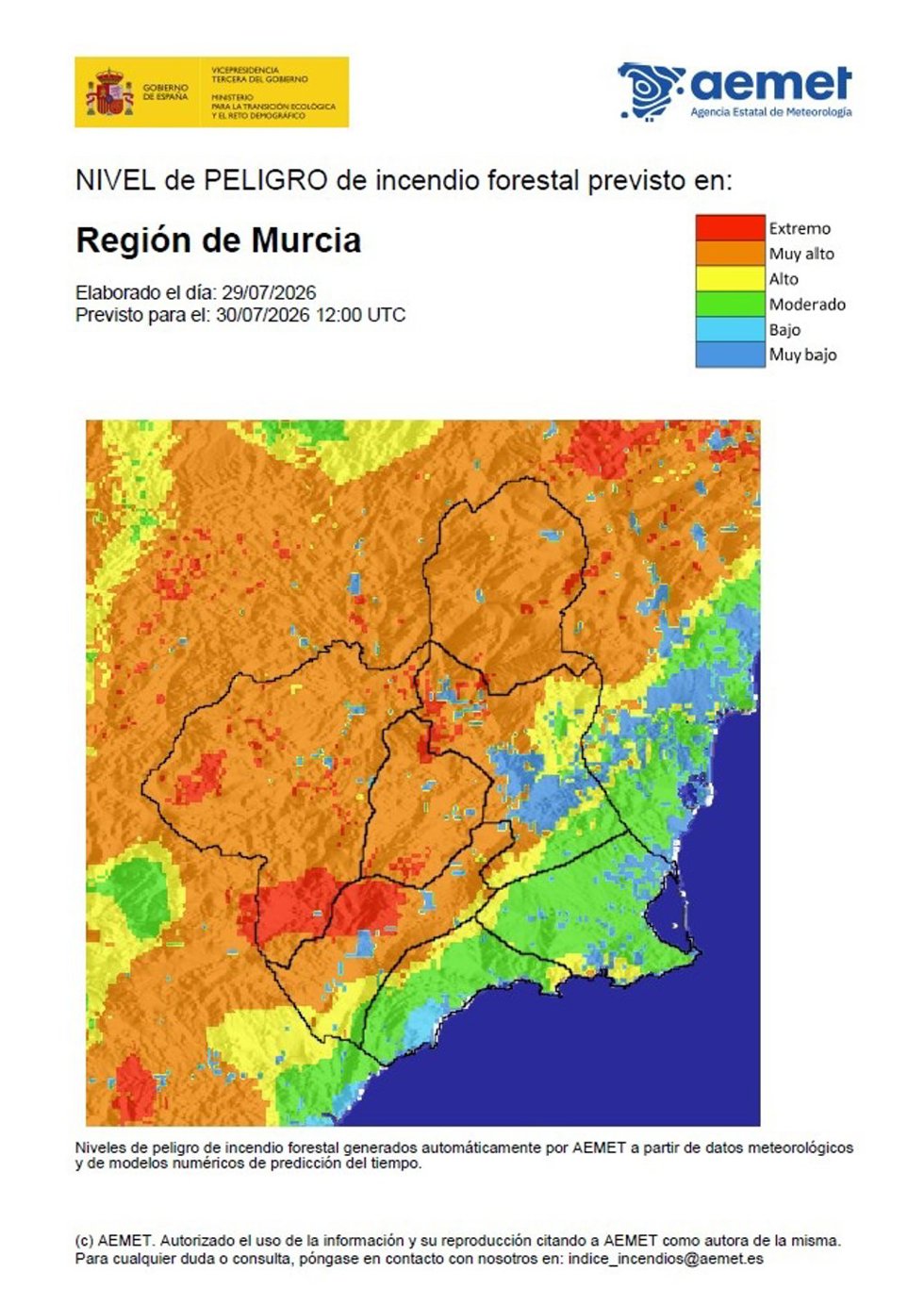 Riesgo de incendio forestal en la Región de Murcia