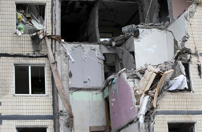 July 9, 2026, Dnipro, Ukraine: Part of the unstable structure of a residential building damaged by a Russian drone strike on November 8, 2025, collapsed in Dnipro, Ukraine, on July 9, 2026