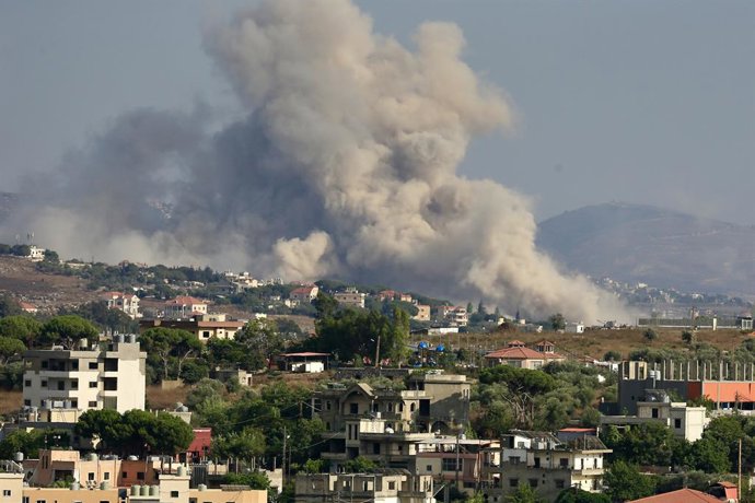 NABATIEH, July 29, 2026  -- Photo taken on July 29, 2026 shows smoke rising from houses in Kfar Tebnit after Israeli army bombardments in Nabatieh, southern Lebanon.