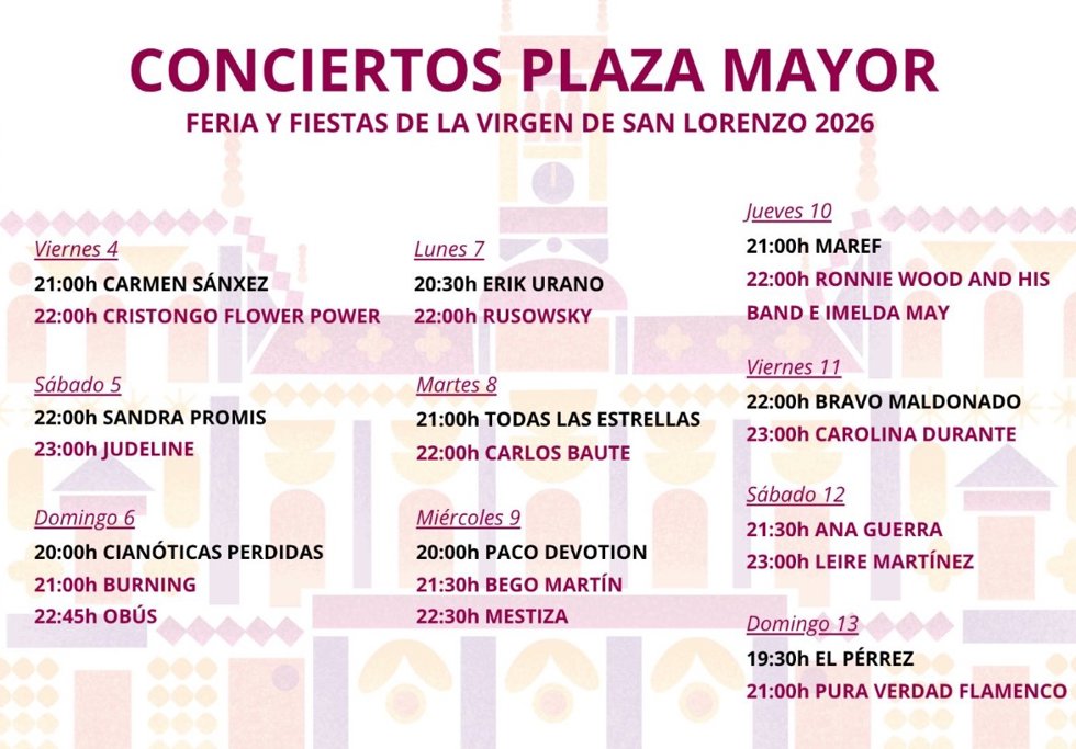 Configuración completa de los conciertos de las Fiestas de la Virgen de San Lorenzo de Valladolid en 2026