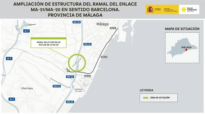 El Ministerio de Transportes licita por 2,54 millones las obras para ampliar la estructura de ramal de enlace de MA-21 con MA-20 en Málaga.