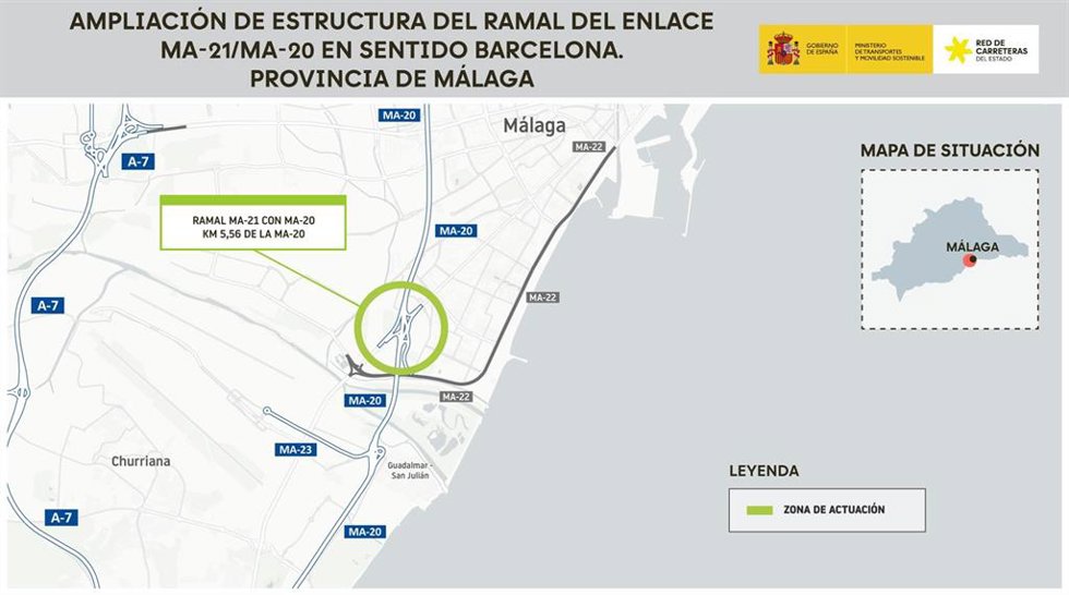 El Ministerio de Transportes licita por 2,54 millones las obras para ampliar la estructura de ramal de enlace de MA-21 con MA-20 en Málaga.