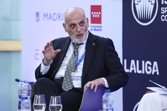 Archivo - Javier Tebas, president of LaLiga, participates in a discussion on “Technology, Piracy, and Artificial Intelligence in Sports” during the ISDE Sports Convention at the Official College of Architects of Madrid on May 21, 2026, in Madrid, Spain.