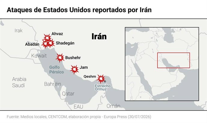 Mapa con ataques sobre Irán.    Al menos tres personas han muerto y otras dos han resultado heridas en la isla de Qeshm, en pleno estrecho de Ormuz, tras la nueva andanada de ataques aéreos lanzada en la noche de este miércoles por Estados Unidos contra