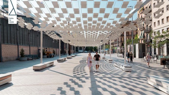 Pérgola que da sombra estacional a espacios urbanos