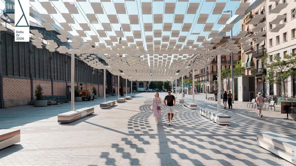 Pérgola que da sombra estacional a espacios urbanos