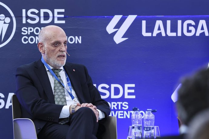 Archivo - Javier Tebas, president of LaLiga, participates in a discussion on “Technology, Piracy, and Artificial Intelligence in Sports” during the ISDE Sports Convention at the Official College of Architects of Madrid on May 21, 2026, in Madrid, Spain.