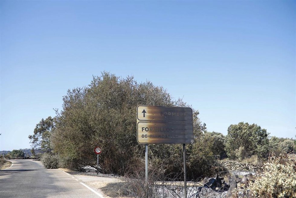 Señal de tráfico quemada en el incendio de Fermoselle.
