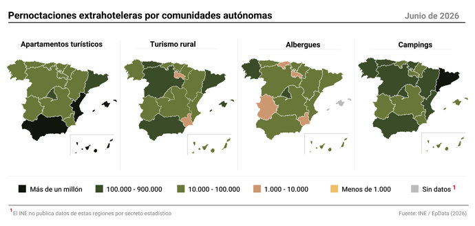 Mapas con cifras de pernoctaciones extrahoteleras en junio de 2026.