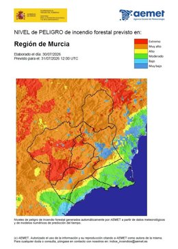 El nivel de riesgo de incendio forestal este viernes es muy alto y alto en gran parte de la Región