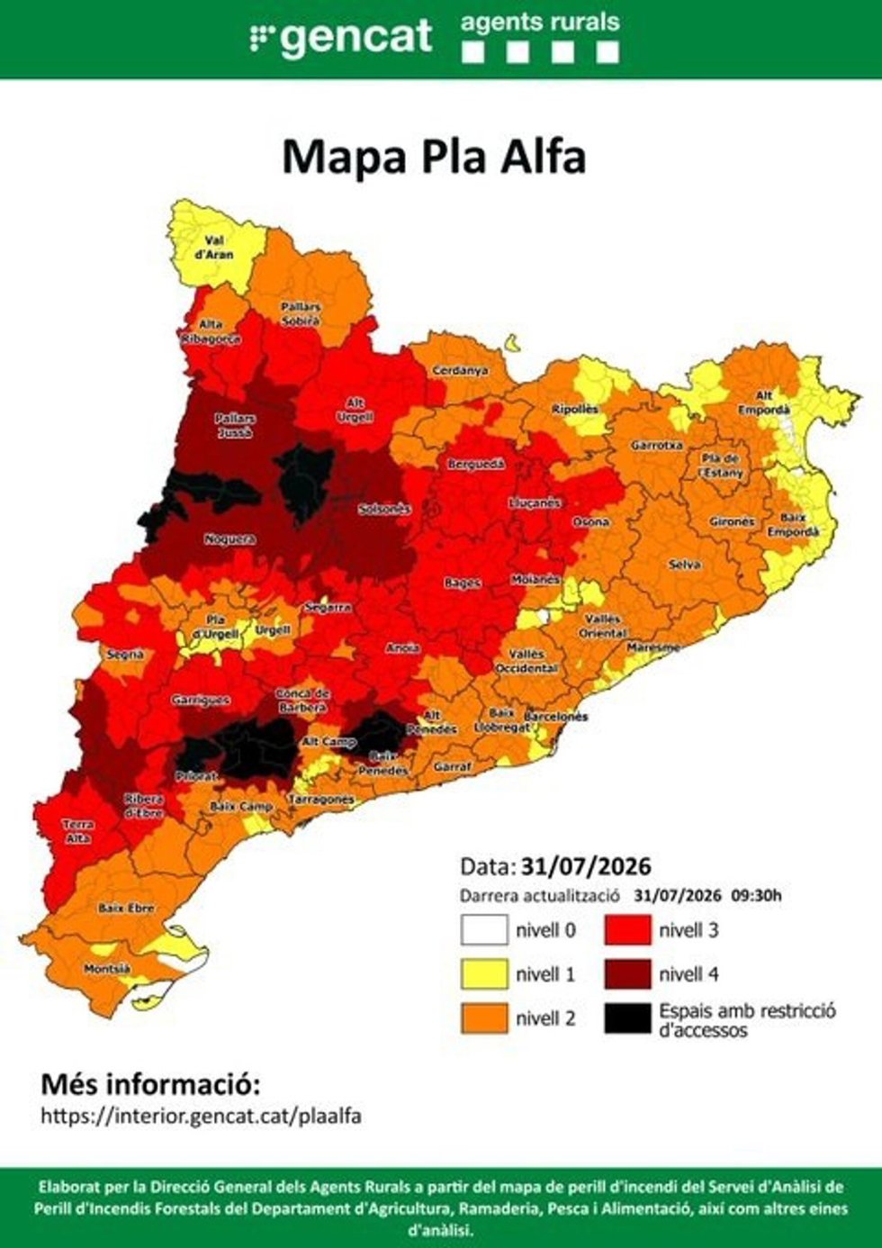 Mapa Pla Alfa de Catalunya del día 31 de julio de 2026
