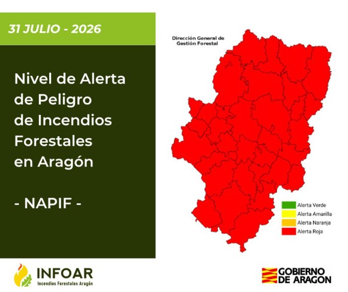 Mapa que elabora la Dirección General de Gestión Forestal del Gobierno de Aragón sobre el riesgo de incencios en la Comunidad.