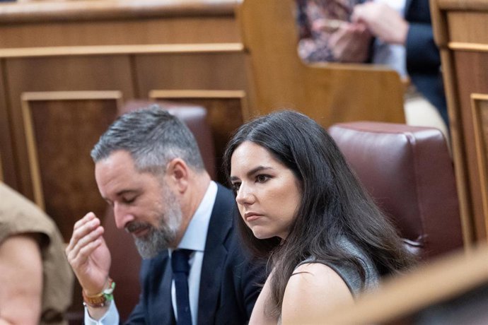 Archivo - El presidente Vox, Santiago Abascal, y la diputada de Vox, Pepa Millán, durante una sesión plenaria en el Congreso 