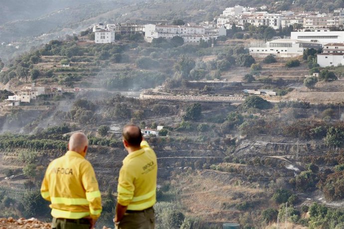 Imagen de archivo de trabajos de extinción de un incendio en Cómpeta (Málaga).