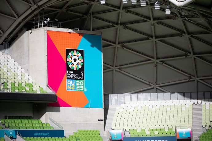 Archivo - Arquivo - 23 de julho de 2023, Austrália, Melbourne: O logotipo da Copa do Mundo Feminina da Fifa 2023 está exposto no Estádio de Melbourne. Foto: Sebastian Christoph Gollnow/dpa