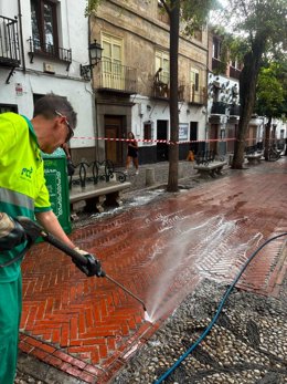 Imagen de un trabajador durante el nuevo Plan Integral de baldeo de las calles de Granada.