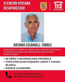 Procuram em Eivissa um homem de 82 anos que sofre de Alzheimer