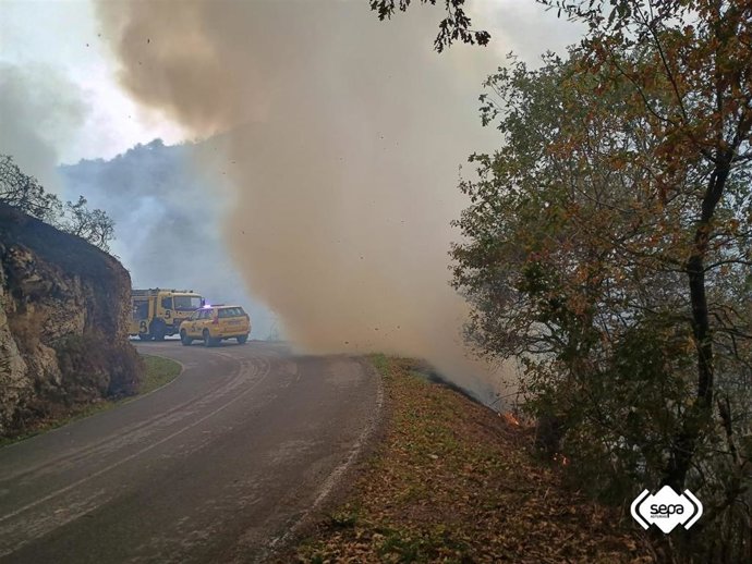 Archivo - Bomberos del SEPA trabajan en la extinción de un Incendio forestal en Asturias