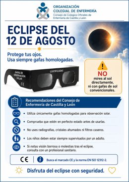 Cartel del Consejo de Enfermería de Castilla y León con consejos para una correcta observación del eclipse solar del 12 de agosto