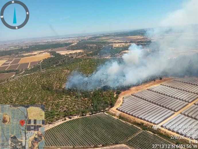 Imagen aérea del incendio declarado en el paraje El Reventón, ubicado en el término municipal de Moguer (Huelva).