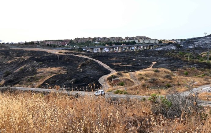 Vista de la zona quemada de Los Alamillos en Algeciras (Cádiz) tras el incendio declarado este domingo