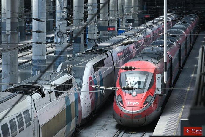 Dos trenes en la Estación de Madrid Puerta de Atocha - Almudena Grandes, a 31 de julio de 2026, en Madrid