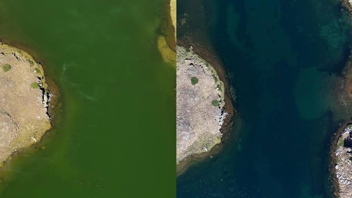 Imagen aérea del lago Tres Estanys del Mig antes y después del tratamiento de roterona para la eliminación del piscardo.