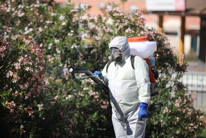 Archivo - Un operario en las labores de fumigación y el tratamiento de imbornales contra el mosquito para prevenir el Virus del Nilo. Imagen de archivo