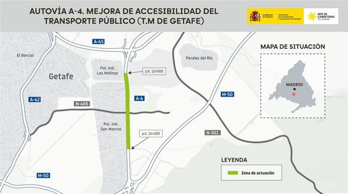 Transportes adjudica por 40,7 millones de euros las obras para mejorar la accesibilidad del transporte público en la A-4 en Getafe
