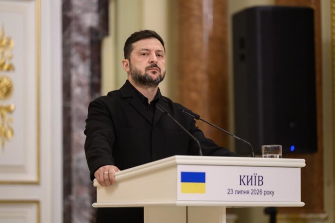 23 de julho de 2026, Ucrânia, Ucrânia, Ucrânia: O presidente ucraniano Volodymyr Zelensky se reúne com o primeiro-ministro irlandês em Dublin, na Irlanda, em 23 de julho de 2026, para discutir o apoio à Ucrânia e a cooperação bilateral, bem como os desdob
