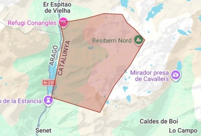 Zona donde se restringirá el excursionismo de alta montaña por el fuego en Senet (Lleida)