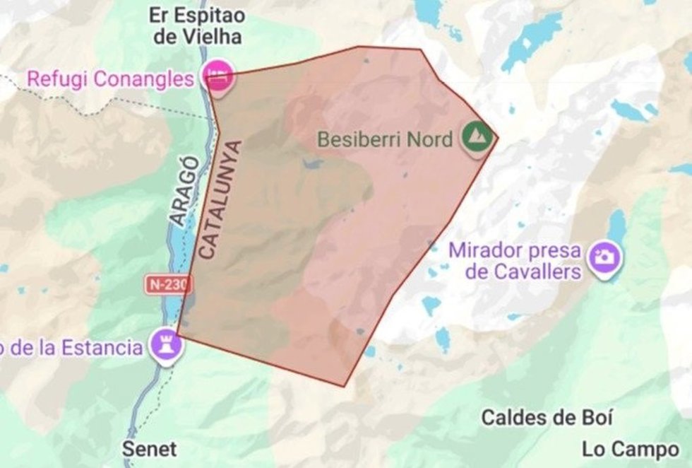 Zona donde se restringirá el excursionismo de alta montaña por el fuego en Senet (Lleida)