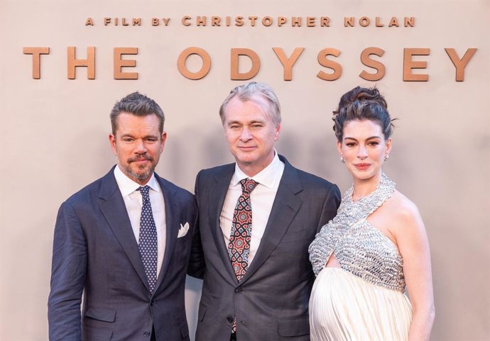 Matt Damon, Christopher Nolan and Anne Hathaway attend premiere of 'The Odyssey' at AMC Lincoln Square in New York, NY on July 14, 2026.,Image: 1116619171, License: Rights-managed, Restrictions: , Model Release: no