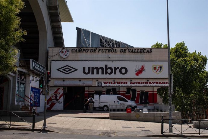 July 28, 2026, Madrid, Spain: A van parked at one of the entrances to Vallecas Stadium unloads materials.The Community of Madrid withdrew the concession for the Vallecas stadium from the Spanish first division team Rayo Vallecano on Tuesday after detectin