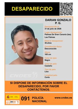 Darian Gonzalo P.G., desaparecido en Las Palmas de Gran Canaria desde el 31 de julio