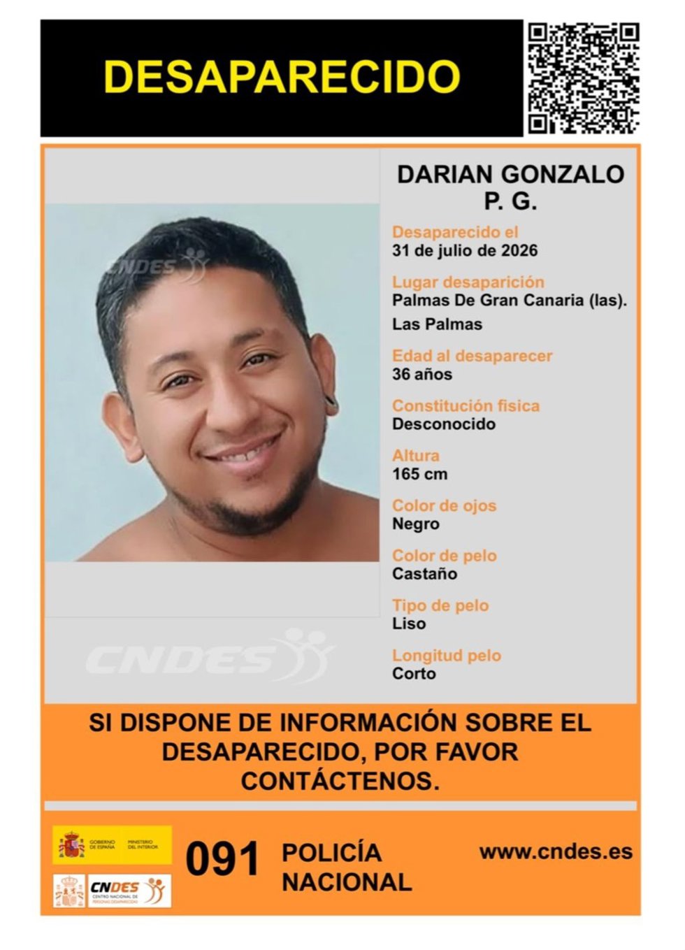 Darian Gonzalo P.G., desaparecido en Las Palmas de Gran Canaria desde el 31 de julio