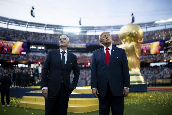 July 21, 2026, Rutherford, Nj, United States: U.S. President Donald Trump, right, and FIFA President Gianni Infantino, left, stand together on the pitch before the trophy presentation during the World Cup Final at MetLife Stadium, July 19, 2026, in Ruther