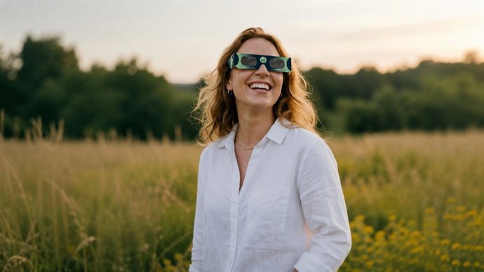Mujer con gafas de eclipse.