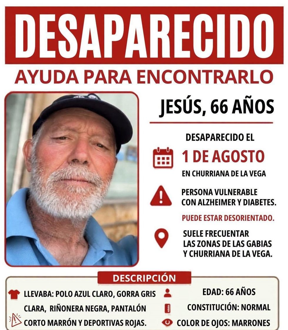 Cartel alusivo a la desaparición y búsqueda de Jesús Cantero, vecino de Churriana de la Vega, desaparecido desde este pasado sábado.