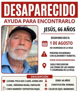 Cartel alusivo a la desaparición y búsqueda de Jesús Cantero, vecino de Churriana de la Vega, desaparecido desde este pasado sábado.